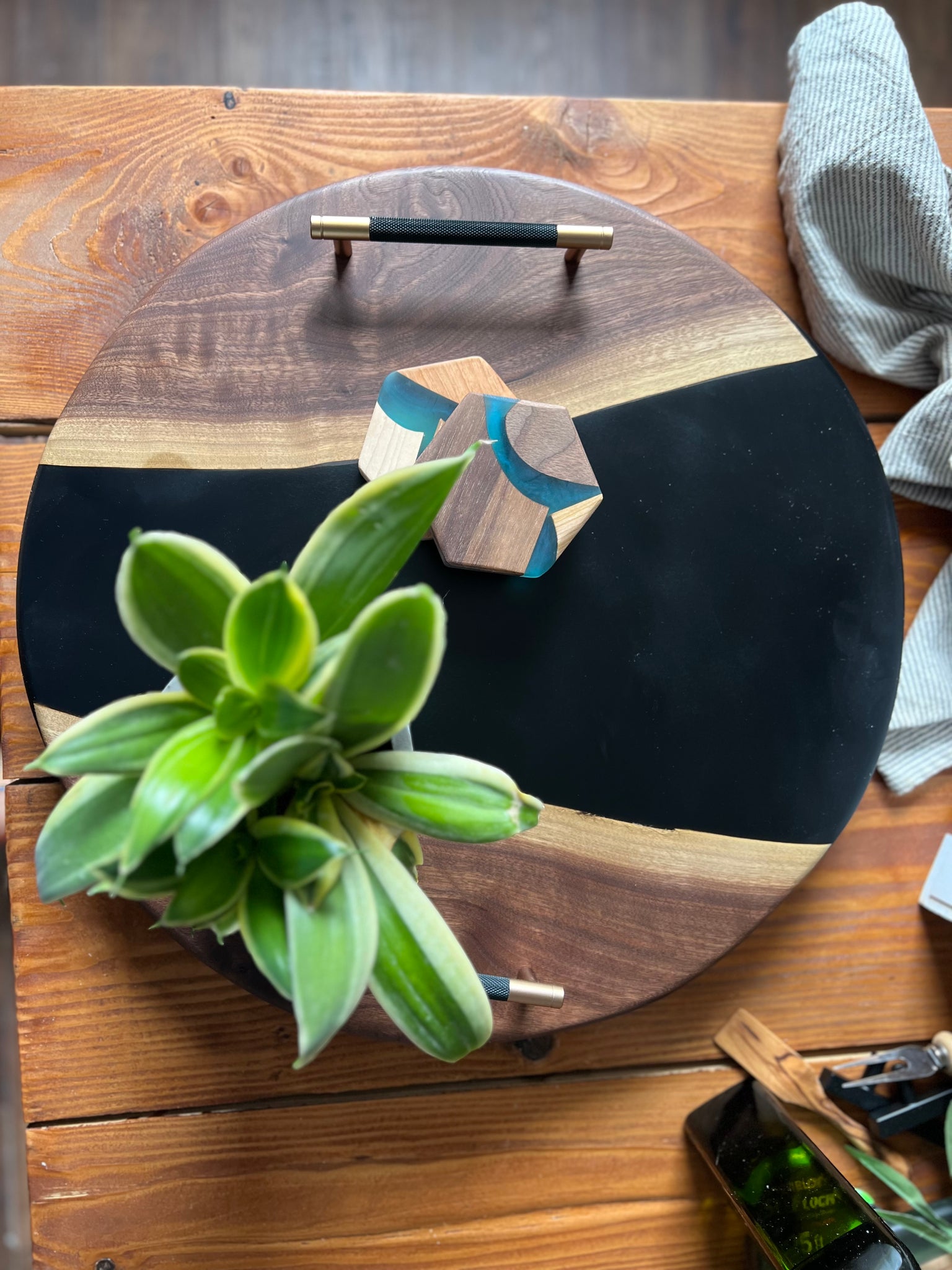 Walnut and Onyx Lazy Susan
